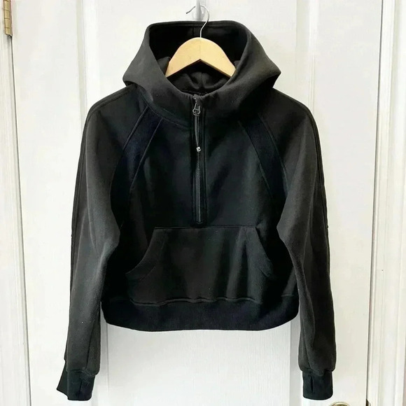 Cropped Hoodie 1/2 Zip Sweatshirt Fleece Lined Sporty Active Black Size Small - Picture 3 of 15